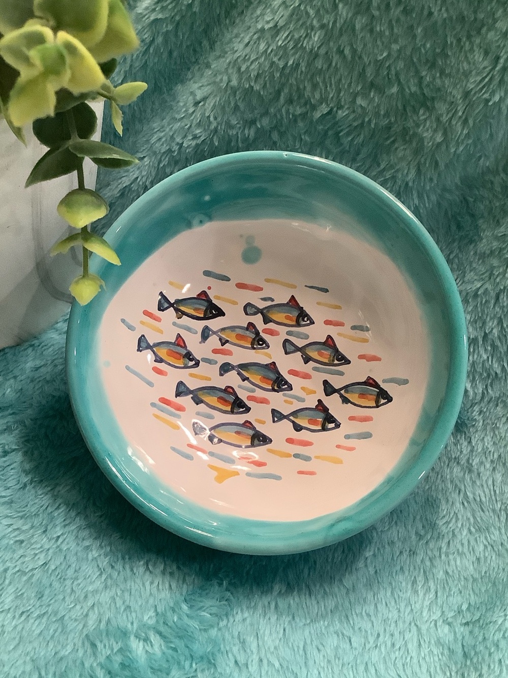 Taormina Italy Handcrafted Ceramic Turquoise Fish1 Serve Bowl NWT 5.25x5.25x2.5”